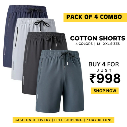 Combo of 4 Men's Stretchable Cotton Shorts for summers ☀️(₹249/piece)