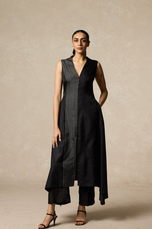 Black Handwoven Twill Asymmetrical Kurta Set