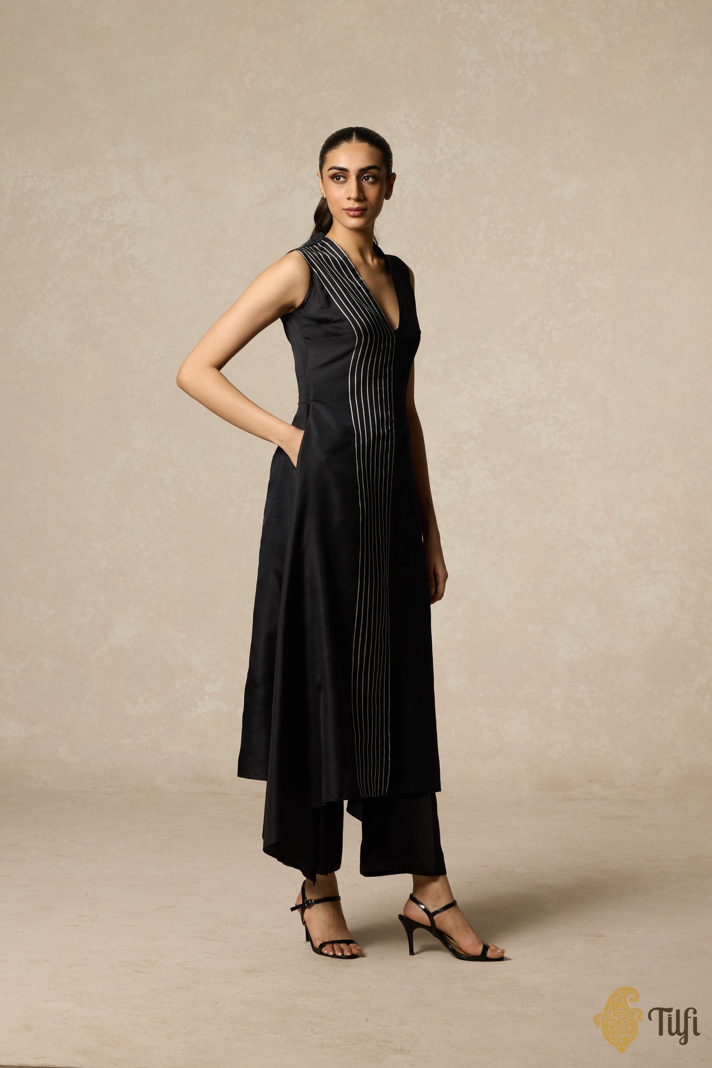 Black Handwoven Twill Asymmetrical Kurta Set