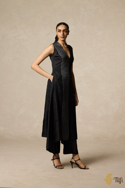 Black Handwoven Twill Asymmetrical Kurta Set