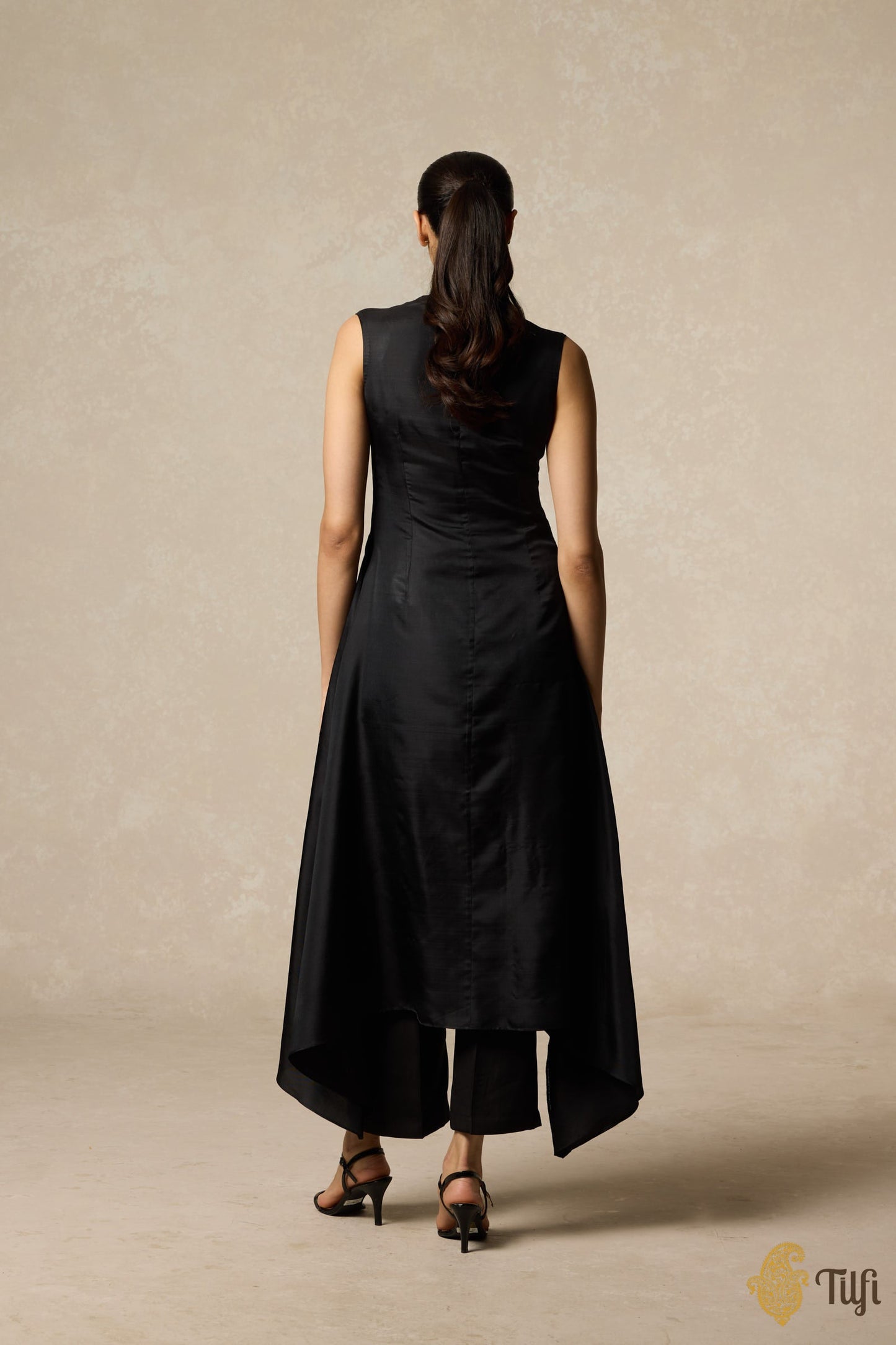 Black Handwoven Twill Asymmetrical Kurta Set